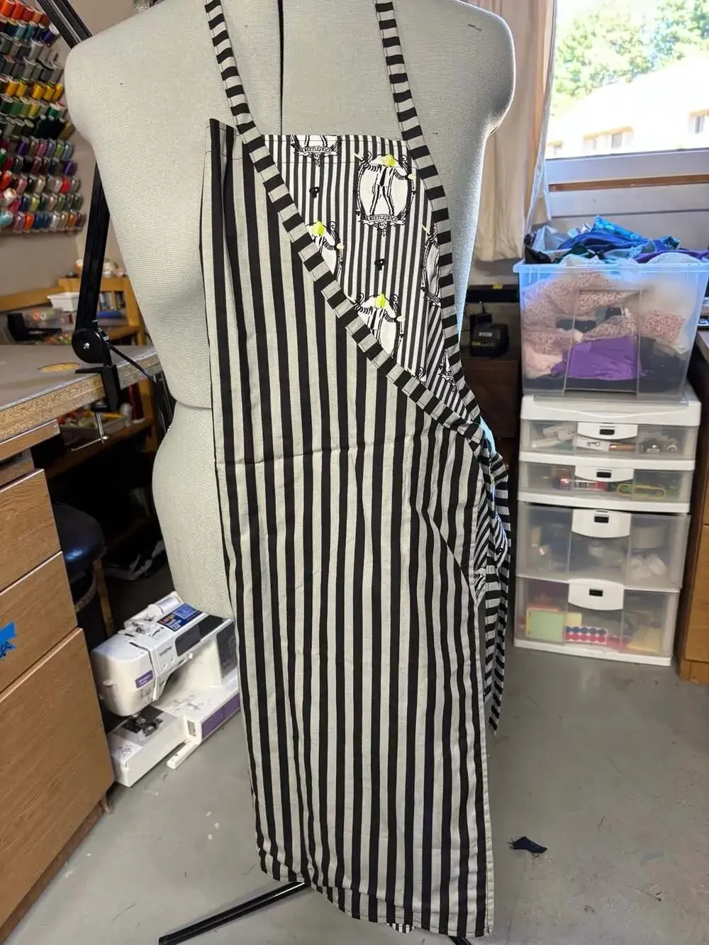 Beetlejuice Black and White Striped Character Print Bib Apron with Pockets
